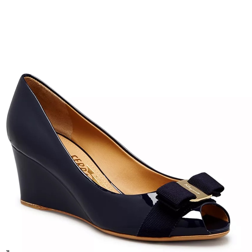 Salvatore Ferragamo Navy Peep-Toe Wedge Heel with Bow